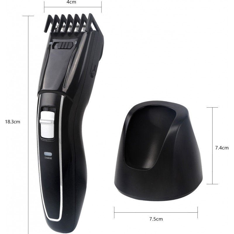 18,95 € Free Shipping | Personal care 3W 18×5 cm. Cordless hair clipper. Includes 5 position guide comb. Rechargeable battery. stainless steel sheets ABS and Stainless steel. Black Color