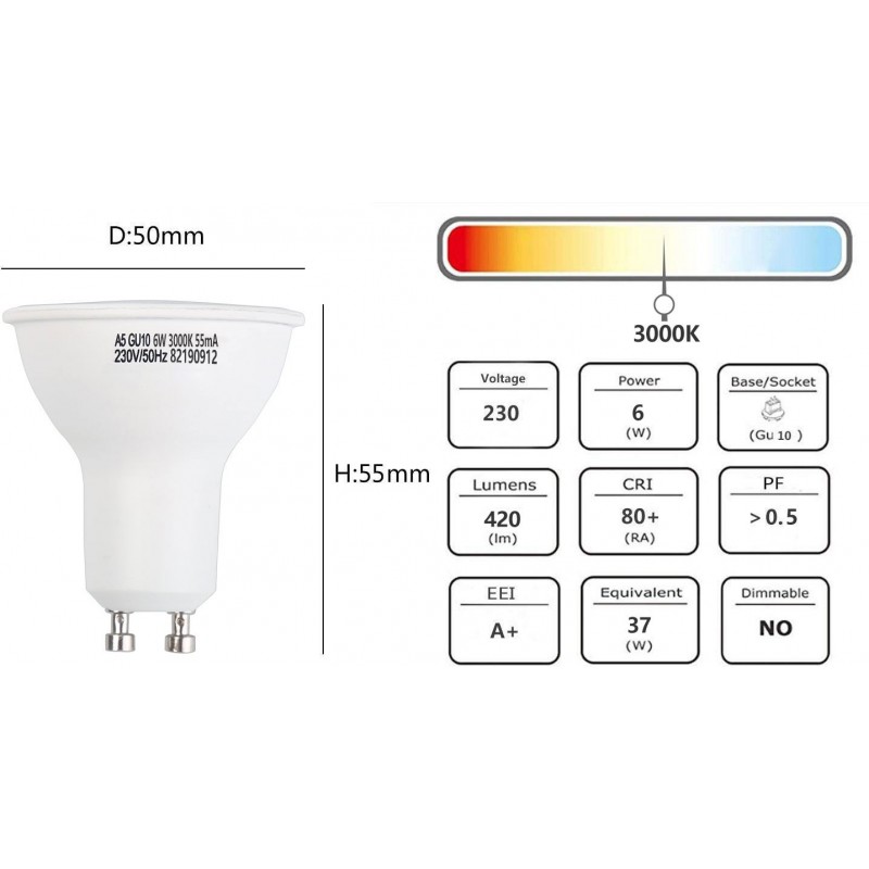 7,95 € Free Shipping | 5 units box LED light bulb 6W GU10 LED 3000K Warm light. Ø 5 cm. White Color