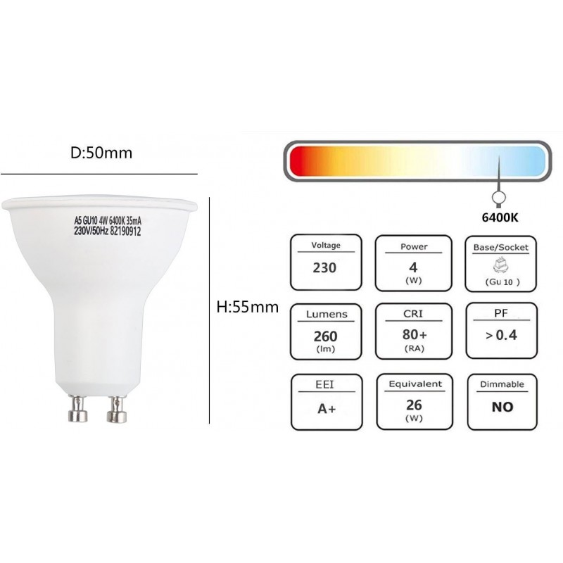 7,95 € Free Shipping | 5 units box LED light bulb 4W GU10 LED Ø 5 cm. White Color