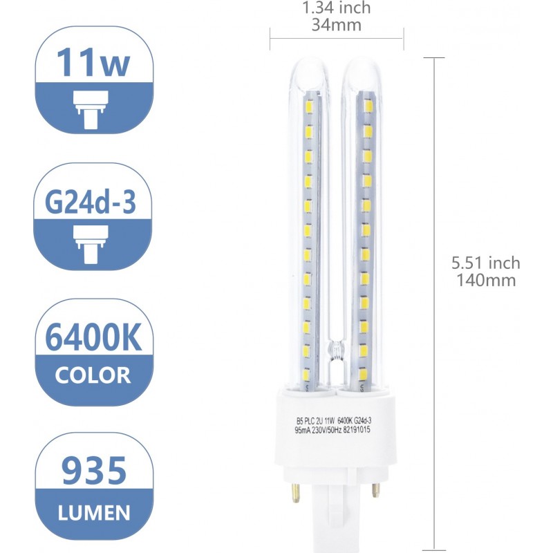 18,95 € Free Shipping | 5 units box LED light bulb 11W G24 LED Ø 3 cm. Double LED Tube 2U