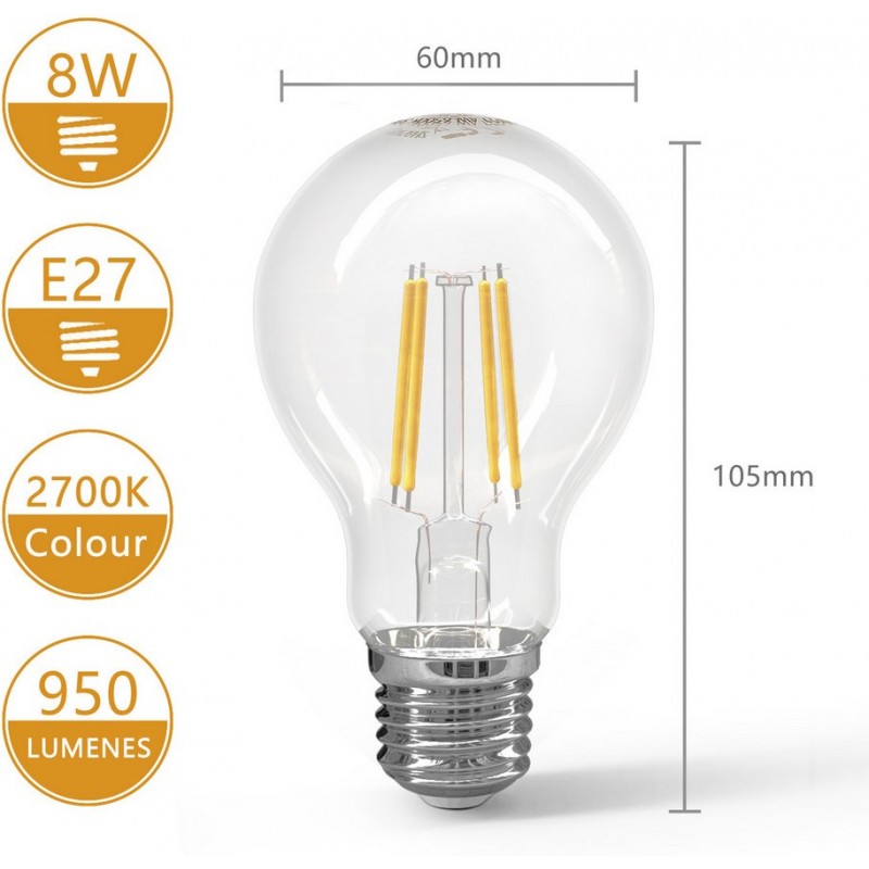 10,95 € Free Shipping | 5 units box LED light bulb 8W E27 LED A60 2700K Very warm light. Ø 6 cm. LED filament Crystal