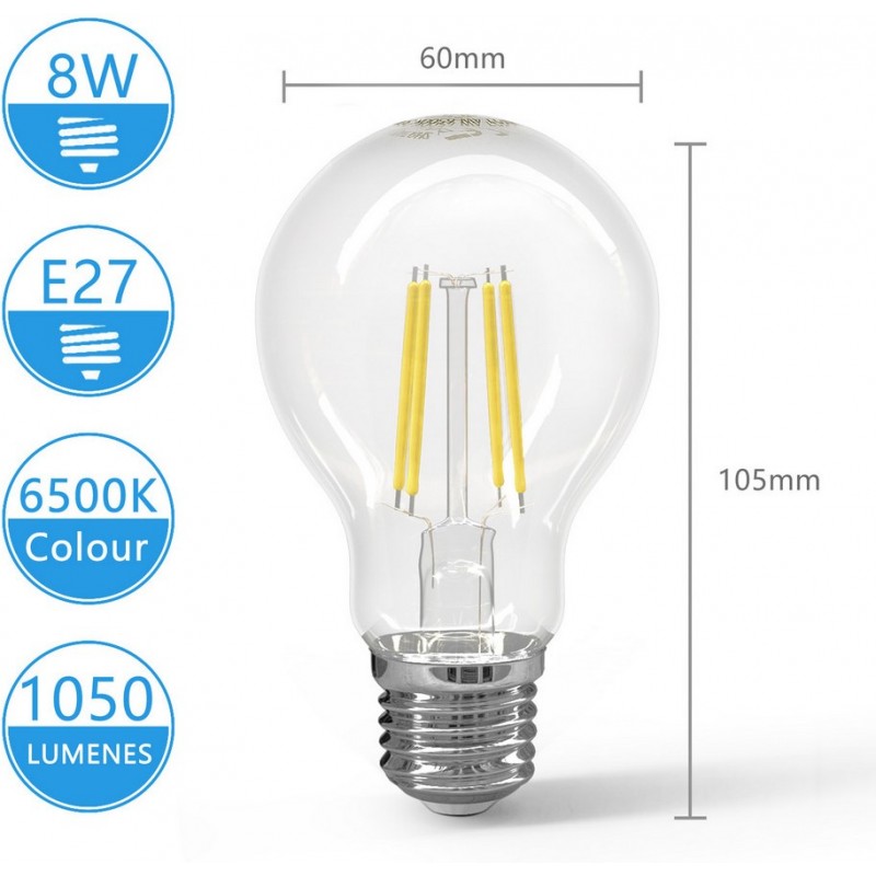 10,95 € Free Shipping | 5 units box LED light bulb 8W E27 LED A60 6500K Cold light. Ø 6 cm. LED filament Crystal