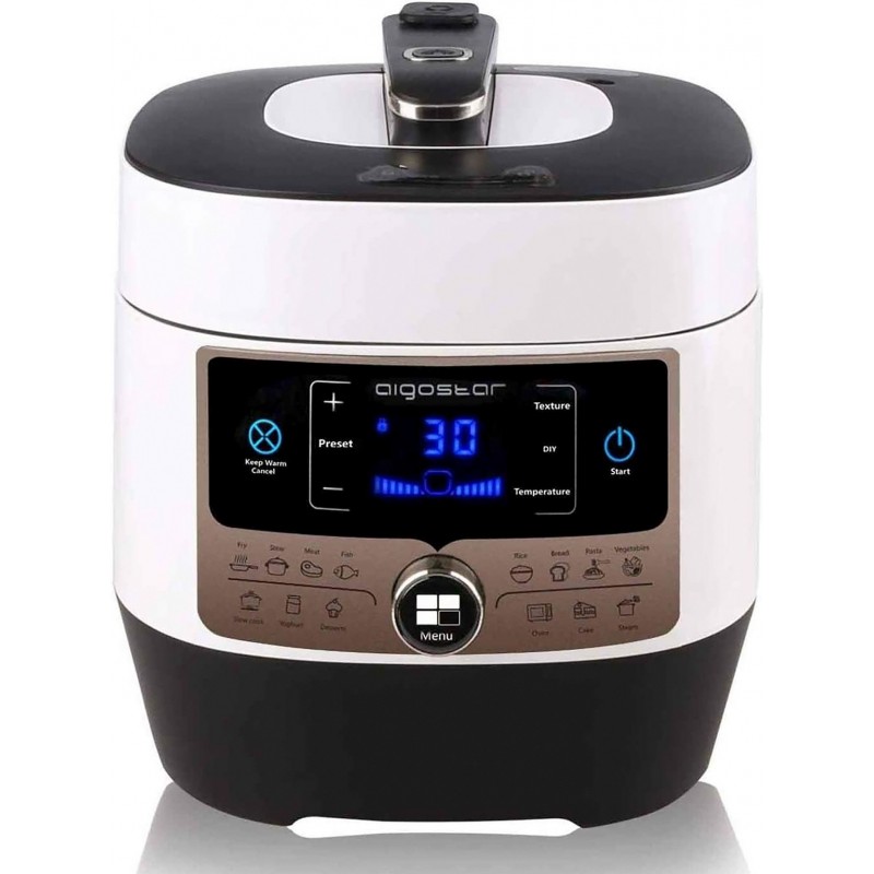 129,95 € Envio grátis | Eletrodoméstico de cozinha Aigostar 1000W 35×34 cm. Panela de pressão inteligente e multifuncional Aço inoxidável, alumínio e pmma. Cor branco