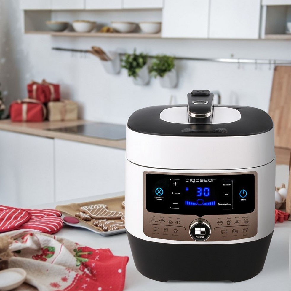 129,95 € Envio grátis | Eletrodoméstico de cozinha Aigostar 1000W 35×34 cm. Panela de pressão inteligente e multifuncional Aço inoxidável, alumínio e pmma. Cor branco