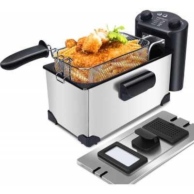 Appareil de cuisine Aigostar 2200W 43×23 cm. Friteuse avec couvercle anti-éclaboussures et fenêtre de visualisation. Seau amovible. Thermostat. 3 litres Acier inoxidable. Couleur acier inoxidable