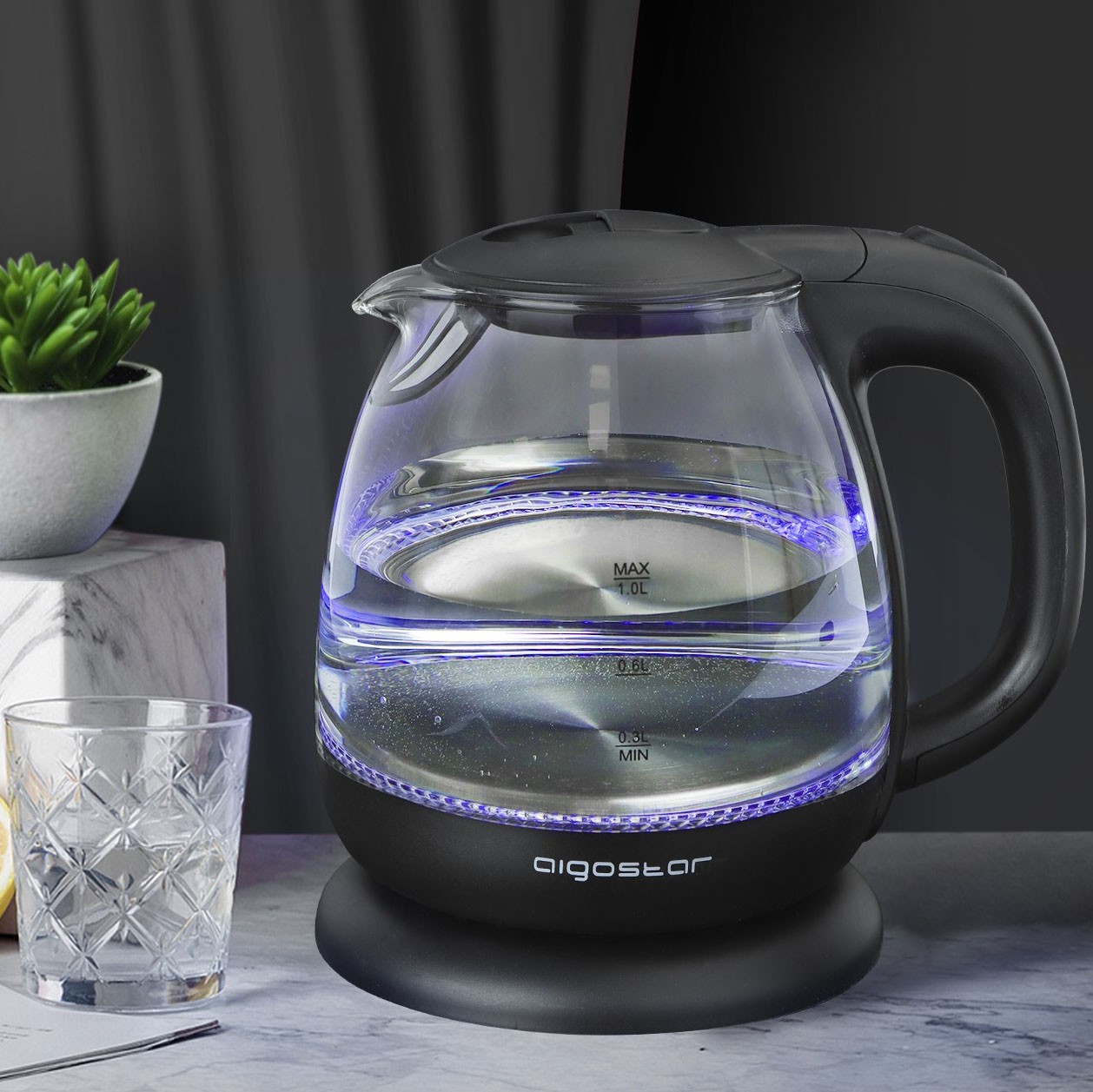 18,95 € Envío gratis | Electrodoméstico de cocina Aigostar 2200W 21×20 cm. Hervidor de agua eléctrico Acero inoxidable, pmma y vidrio. Color negro