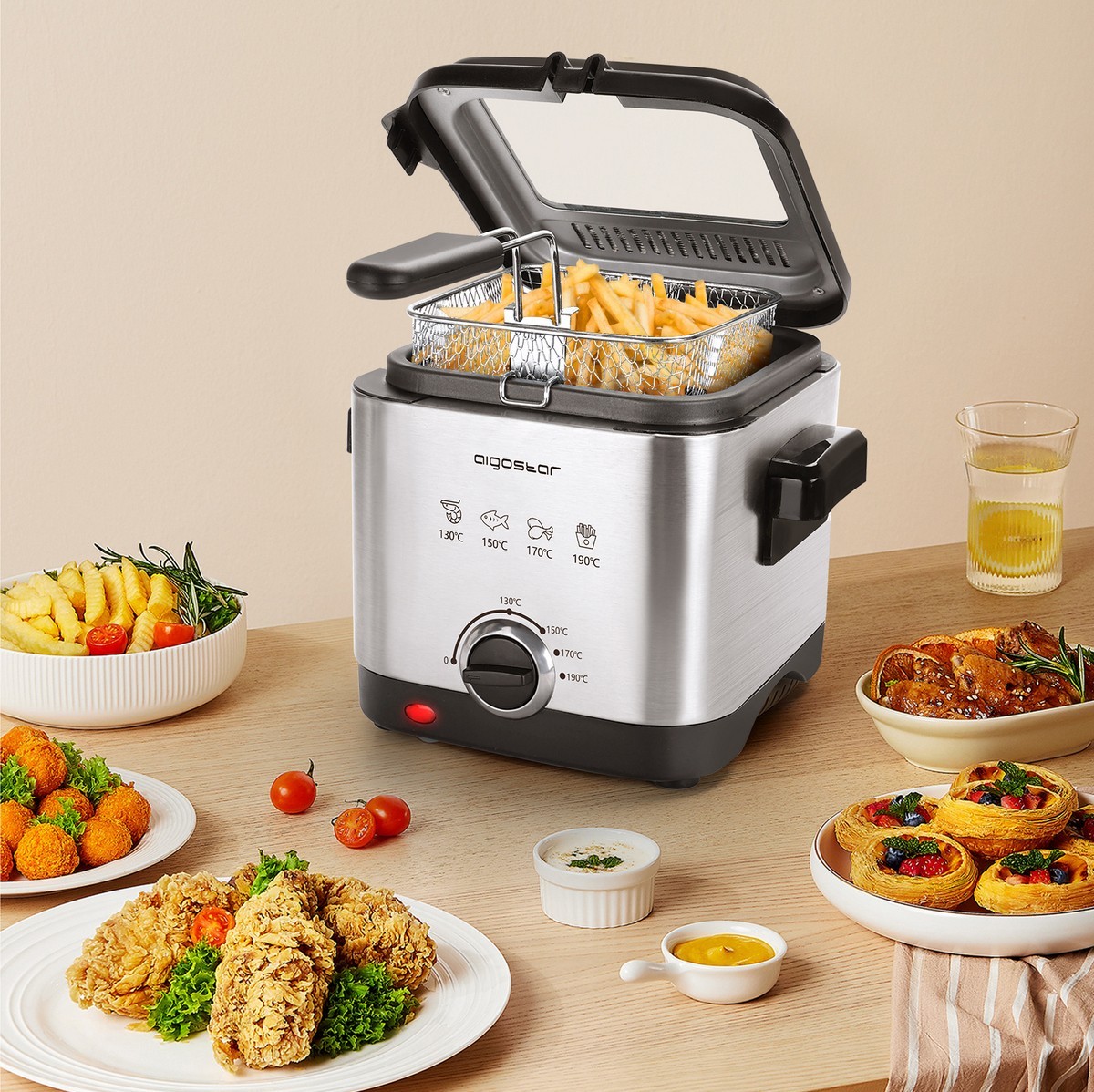 39,95 € Free Shipping | Kitchen appliance Aigostar 1000W 25×24 cm. Mini fryer Stainless steel. Silver Color