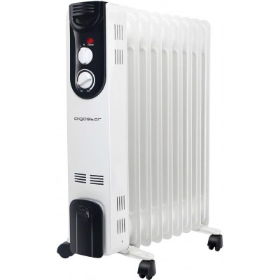 Calefactor Aigostar 2000W 65×44 cm. Radiador portátil de aceite con ruedas. 9 elementos. Doble tubo de calentamiento. Control termostático Acero. Color blanco y negro
