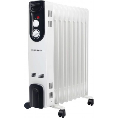 Stufa Aigostar 2000W 65×44 cm. Radiatore olio portatile con ruote. 9 elementi. Doppio tubo di riscaldamento. controllo termostatico Acciaio. Colore bianca e nero