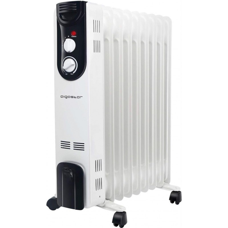 Heater Aigostar 2000W 65×44 cm. Portable oil cooler with wheels. 9 elements. Double heating tube. thermostatic control Steel. White and black Color