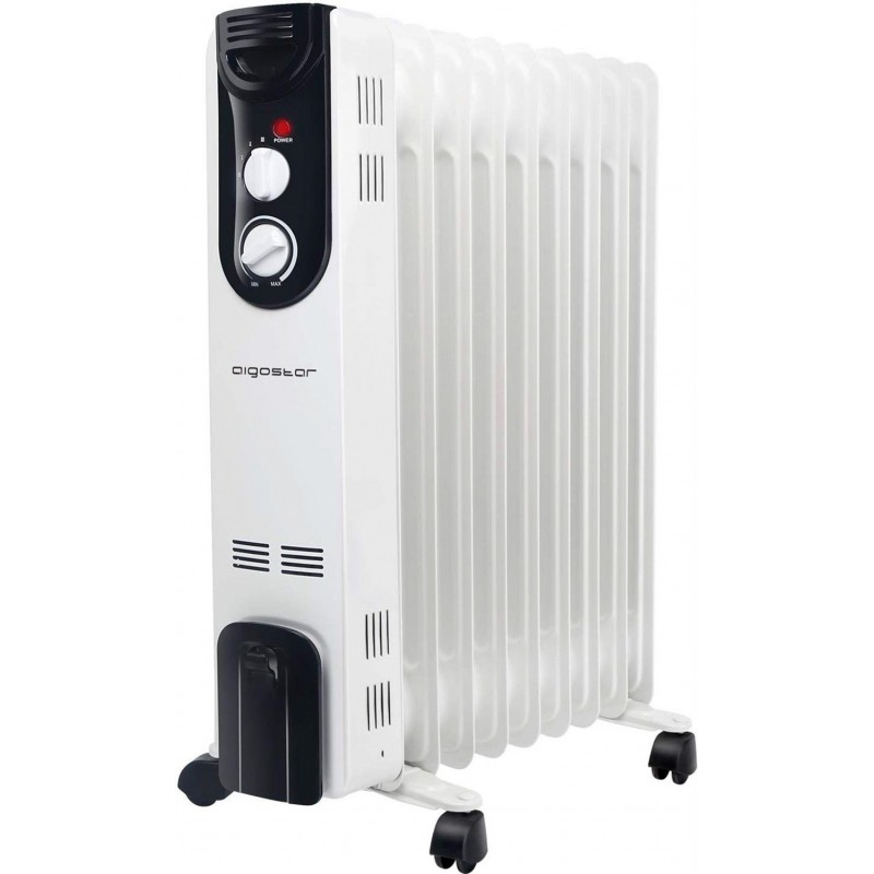 Chauffage Aigostar 2000W 65×44 cm. Refroidisseur d'huile portable avec roues. 9 éléments. Double tube chauffant. contrôle thermostatique Acier. Couleur blanc et noir