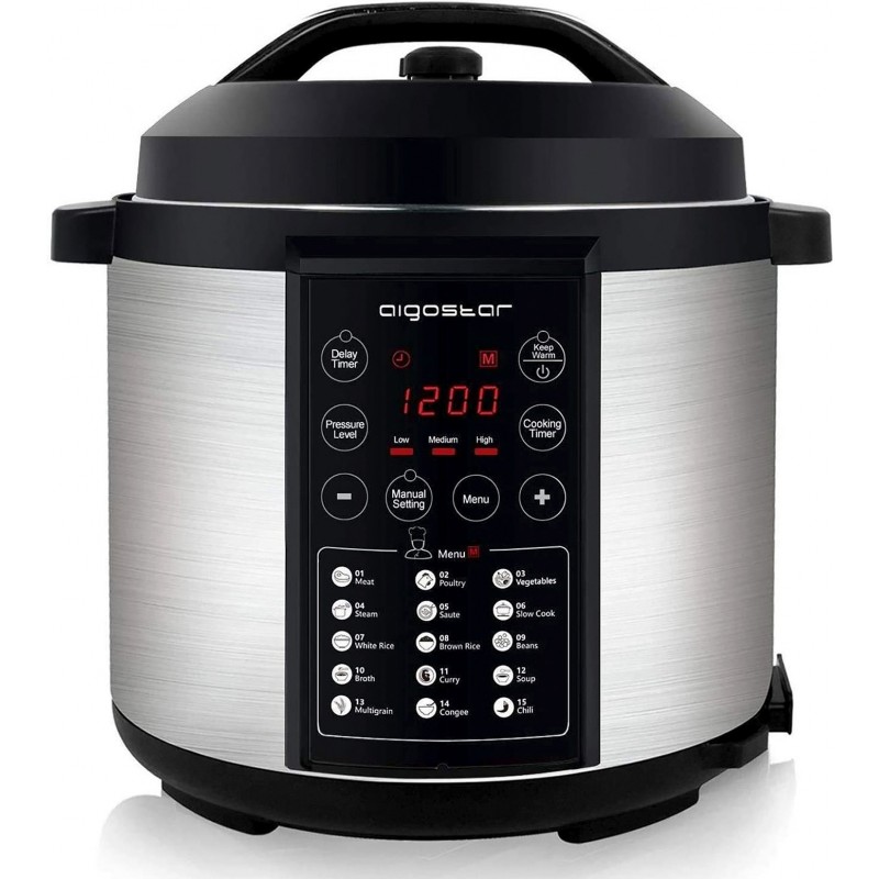 Kitchen appliance Aigostar 1000W 32×32 cm. Pressure cooker with 15 programmable functions. LED panel. 3 pressure settings. non-stick 6 liters Stainless steel, Aluminum and PMMA. Silver Color