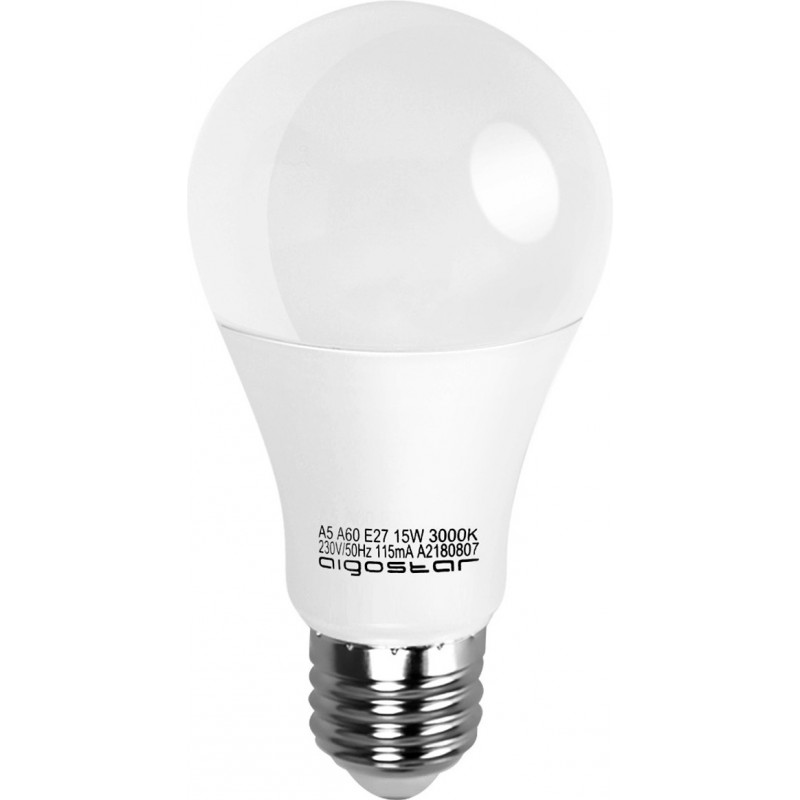 14,95 € Kostenloser Versand | 5 Einheiten Box LED-Glühbirne Aigostar 15W E27 LED A60 3000K Warmes Licht. Ø 6 cm. PMMA und Polycarbonat. Weiß Farbe