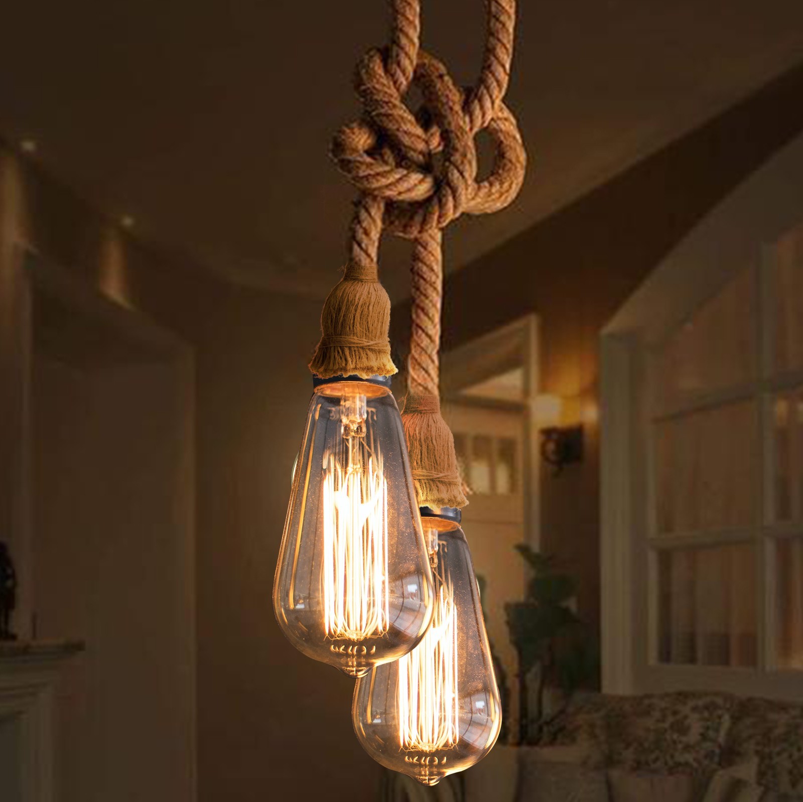 8,95 € Free Shipping | Hanging lamp Aigostar 60W 100 cm. Hemp Rope Lamp Holder Natural Color