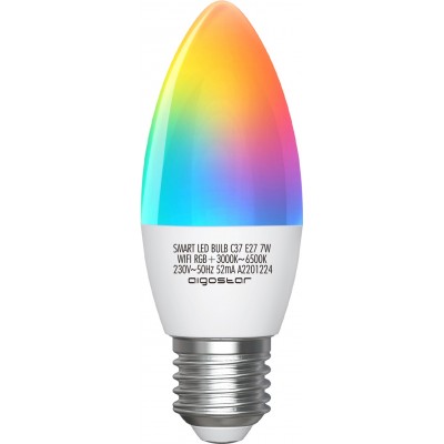 Remote control LED bulb Aigostar 7W E27 Ø 3 cm. Smart LED candle. Wifi. RGB multi-color dimmable. Alexa and Google Home Compatible Pmma and polycarbonate. White Color