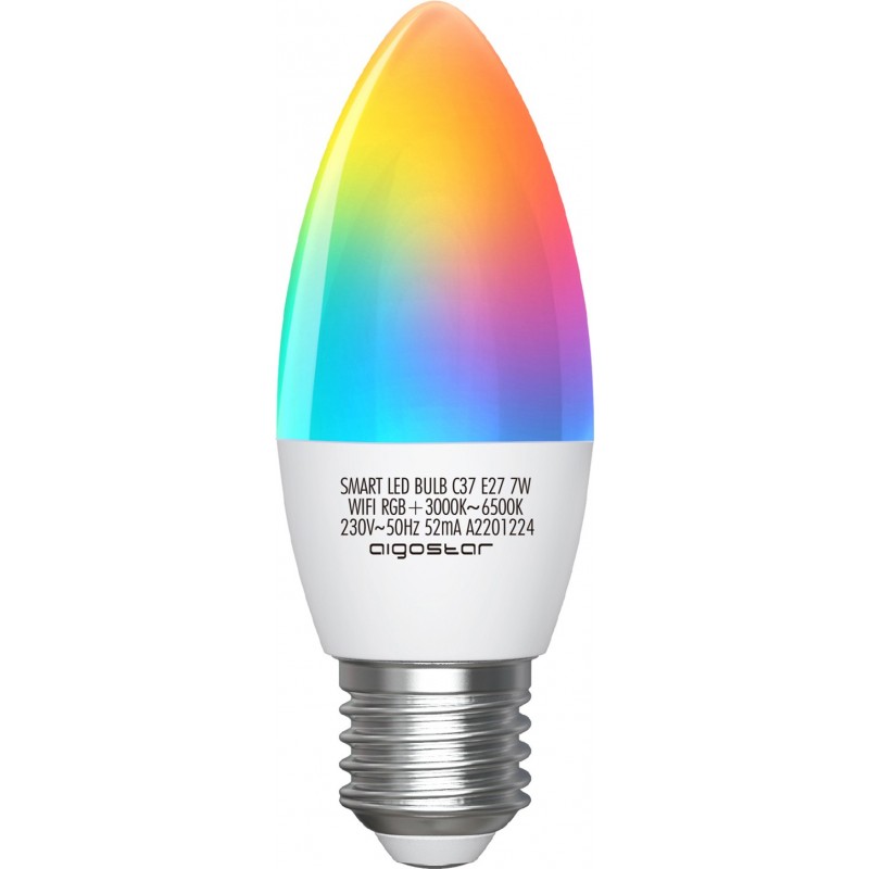 Bombilla LED control remoto Aigostar 7W E27 Ø 3 cm. Vela LED inteligente. WiFi. Regulable multicolor RGB. Compatible Alexa y Google Home Pmma y policarbonato. Color blanco