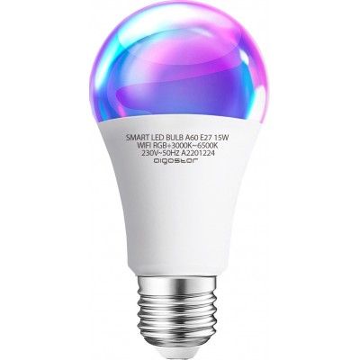 Remote control LED bulb Aigostar 15W E27 LED A60 Ø 6 cm. Smart LEDs. Wifi. RGB multi-color dimmable. Alexa and Google Home Compatible Pmma and polycarbonate. White Color