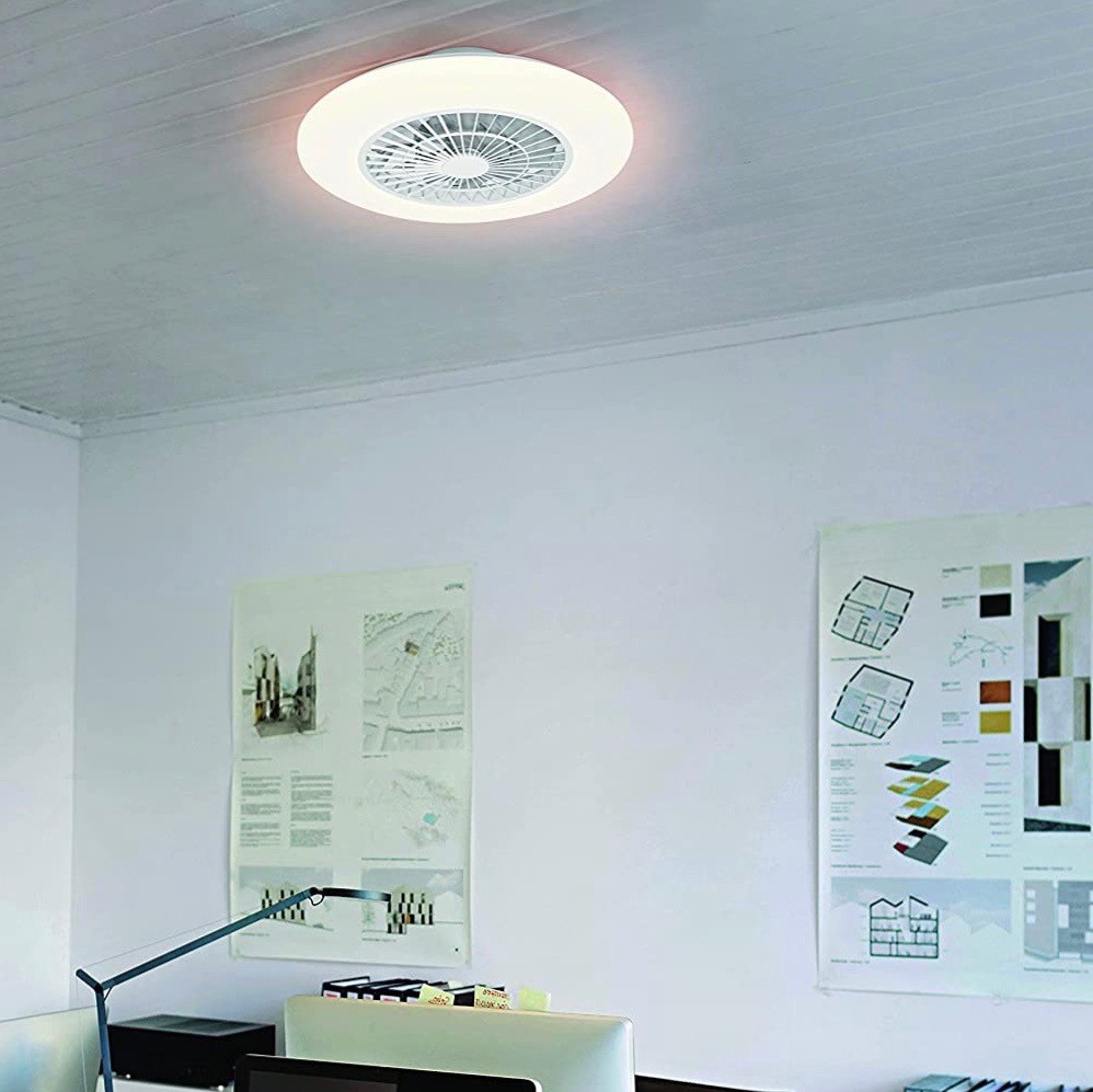 239,95 € Envío gratis | Ventilador de techo con luz 64W 58×58 cm. Tecnología UV-C para desinfección del aire. Iluminación LED. Control con APP Smartphone y Voz Pmma y metal. Color blanco