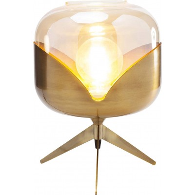 Lámpara de sobremesa 40W Forma Esférica 35×27 cm. Colocada sobre trípode Salón, comedor y dormitorio. Estilo retro. Acero y Cristal. Color dorado