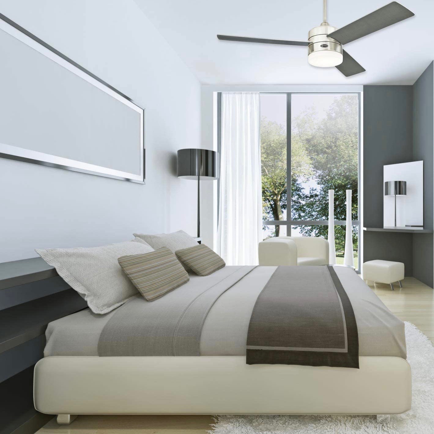 229,95 € Free Shipping | Ceiling fan with light 17W 122×122 cm. 3 vanes-blades Stainless steel and metal casting. Silver Color