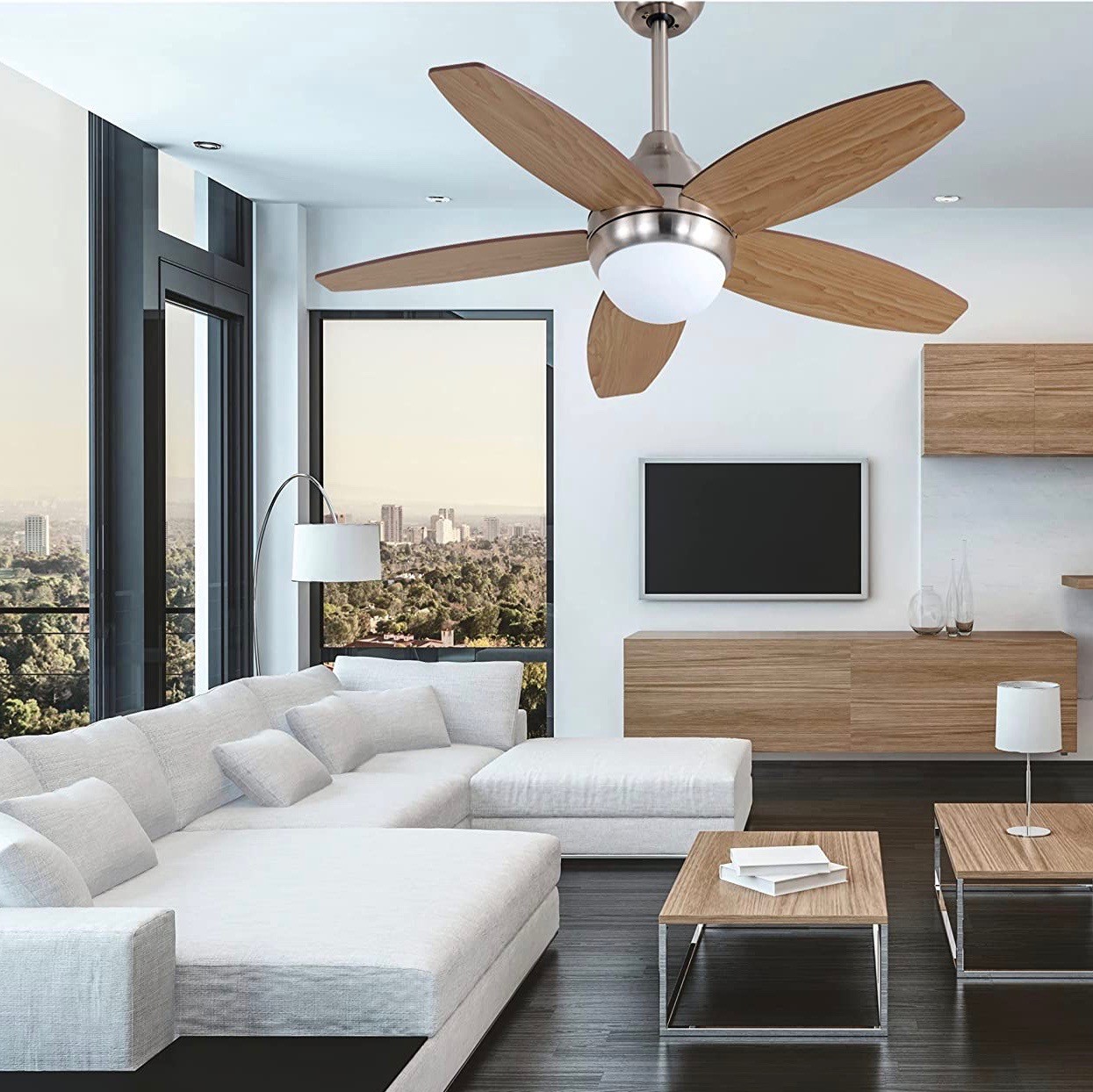 147,95 € Envío gratis | Ventilador de techo con luz 100W 58×29 cm. 5 aspas-palas reversibles. Mando a distancia Metal niquelado. Color blanco