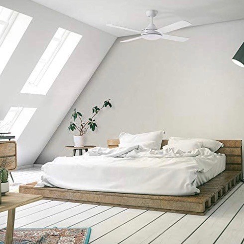 181,95 € Бесплатная доставка | Потолочный вентилятор с подсветкой 120W 120×120 cm. 4 лопатки-лопасти. Дистанционное управление Стали и древесина. Белый Цвет