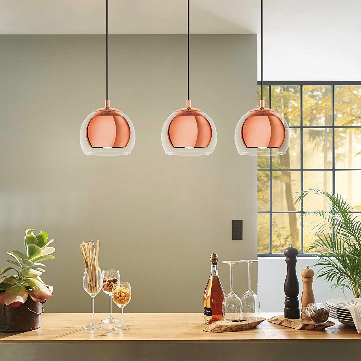 205,95 € Free Shipping | Hanging lamp Eglo 40W 110×78 cm. Triple focus Steel and glass. Copper Color