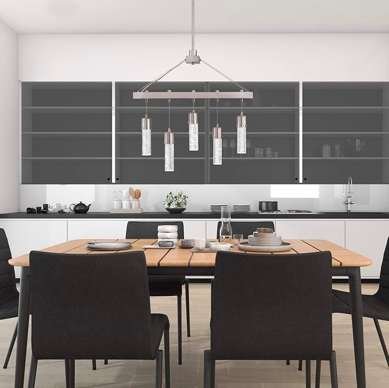 169,95 € Бесплатная доставка | Подвесной светильник 32W 142×61 cm. 5 прожекторов Металл и стекло. Никель Цвет