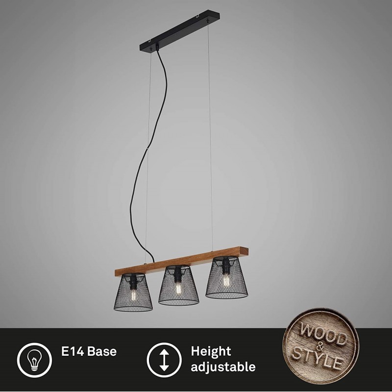 236,95 € Free Shipping | Hanging lamp 25W Conical Shape 136×65 cm. 3 points of light. adjustable height Living room, dining room and bedroom. Retro and vintage Style. Metal casting and Wood. Black Color
