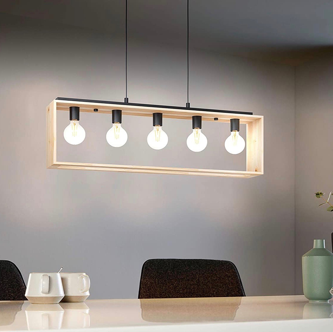 171,95 € Envio grátis | Lâmpada pendurada Eglo 40W 110×100 cm. 5 pontos de luz Aço e madeira. Cor castanho