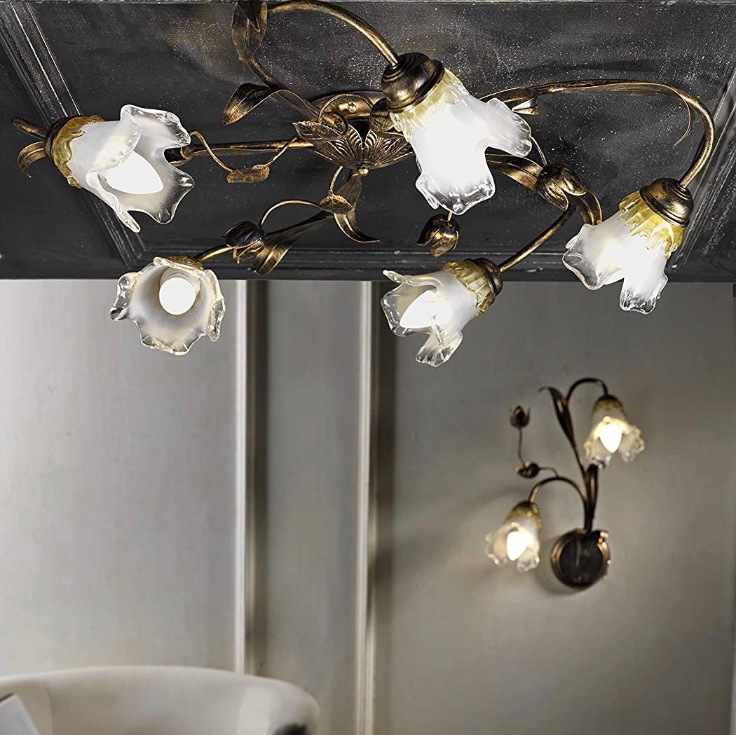 134,95 € Kostenloser Versand | Innenwandleuchte 94×52 cm. 5 Lichtpunkte. Blumenförmiges Design Glas. Golden Farbe