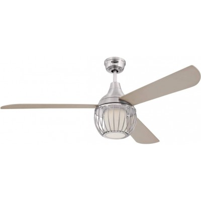 204,95 € Free Shipping | Ceiling fan with light 54W 3000K Warm light. 132×132 cm. 3 vanes-blades. Integrated LED lighting. Remote control Living room, bedroom and lobby. Modern Style. Metal casting, Wood and Glass. Nickel Color