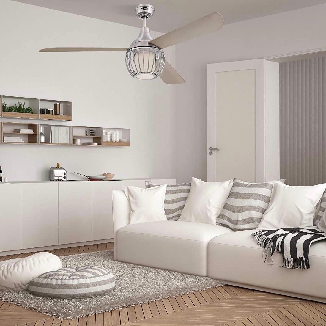 194,95 € Envio grátis | Ventilador de teto com luz 54W 3000K Luz quente. 132×132 cm. 3 palhetas-lâminas. Iluminação LED integrada. Controle remoto Metais, madeira e vidro. Cor níquel
