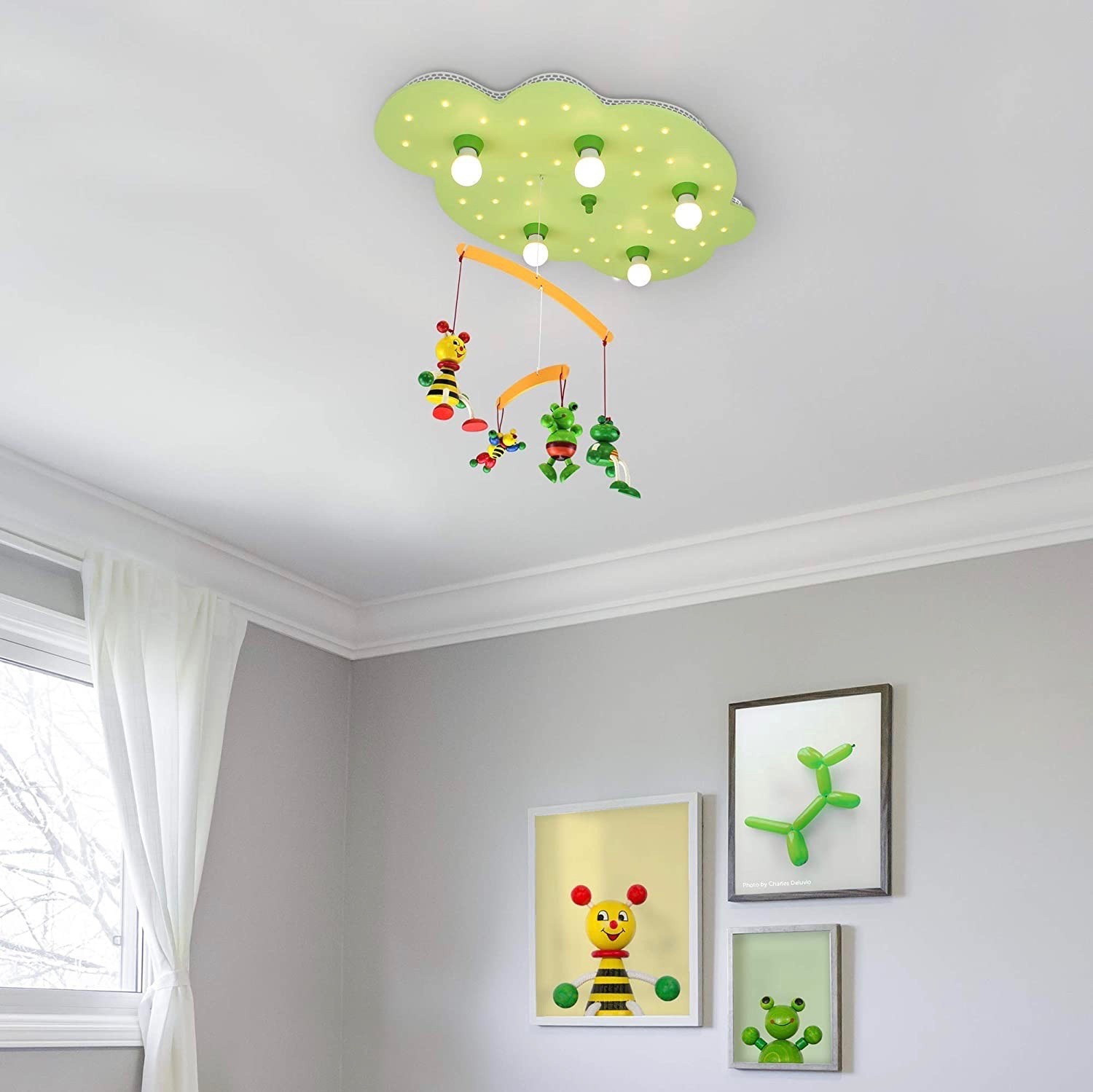 153,95 € Spedizione Gratuita | Lampada per bambini 40W 75×50 cm. 5 punti luce. Ornamenti da appendere a forma di animale Legna. Colore verde