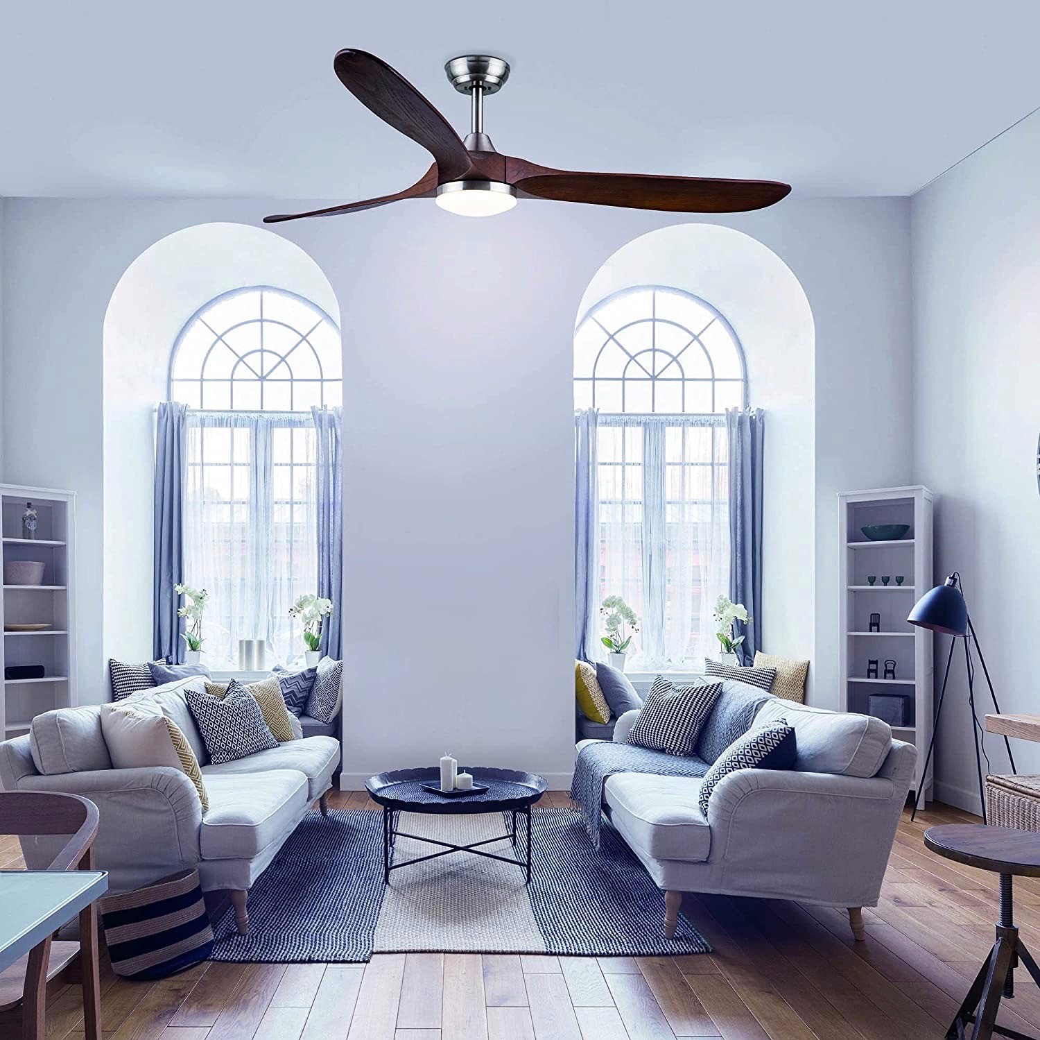 356,95 € Envio grátis | Ventilador de teto com luz 43×43 cm. 3 palhetas-lâminas. Controle remoto. silencioso Aço, acrílico e alumínio. Cor castanho