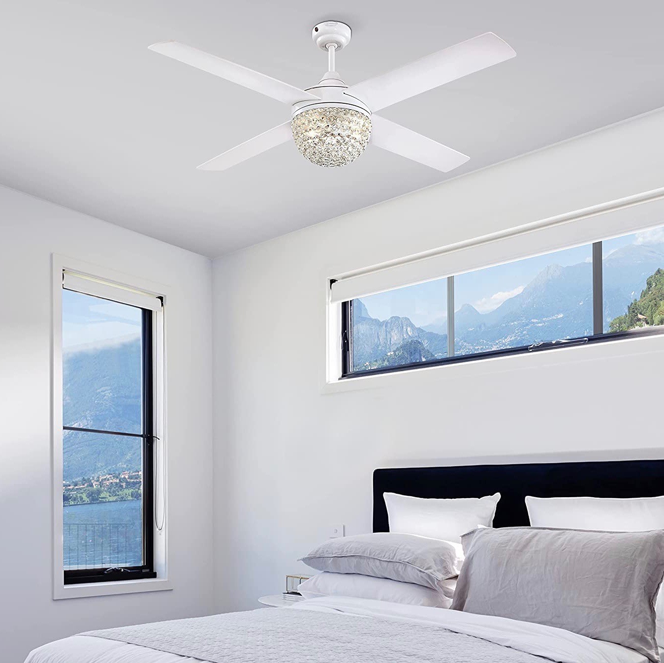 298,95 € Spedizione Gratuita | Ventilatore da soffitto con luce 61×34 cm. 4 pale. Telecomando. Schermo in cristallo con illuminazione a LED Cristallo. Colore bianca