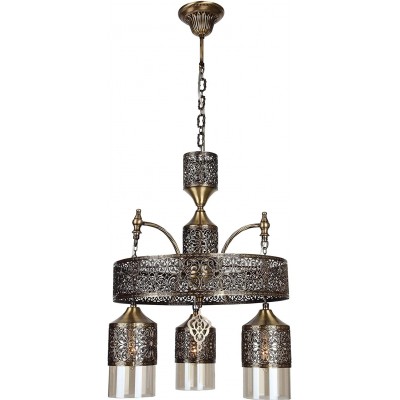 Lámpara colgante Forma Cilíndrica 94×40 cm. Triple foco Salón, dormitorio y vestíbulo. Cristal y Metal. Color cobre