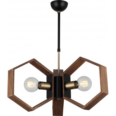 Lámpara colgante 40W 69×47 cm. 3 puntos de luz Salón, comedor y dormitorio. Metal y Madera. Color marrón