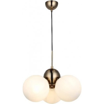 Lampada a sospensione 40W 94×40 cm. 3 punti luce Cristallo, metallo e bicchiere. Colore d'oro