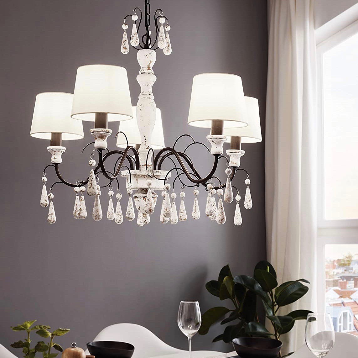 386,95 € Envio grátis | Lustre Eglo 40W 110×66 cm. 5 pontos de luz Madeira e têxtil. Cor bege