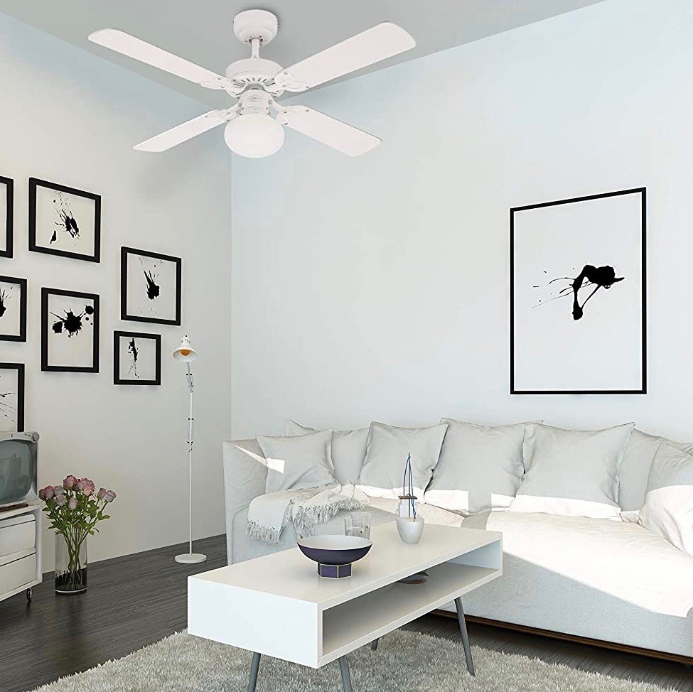 82,95 € Free Shipping | Ceiling fan with light 60W 105×105 cm. 4 reversible blades-blades Metal casting and glass. White Color