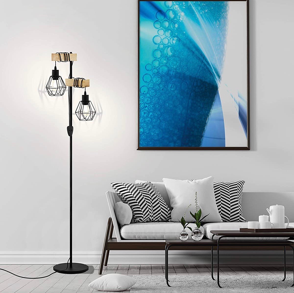 128,95 € Envío gratis | Lámpara de pie Eglo 60W 167×40 cm. 2 puntos de luz Acero y madera. Color negro