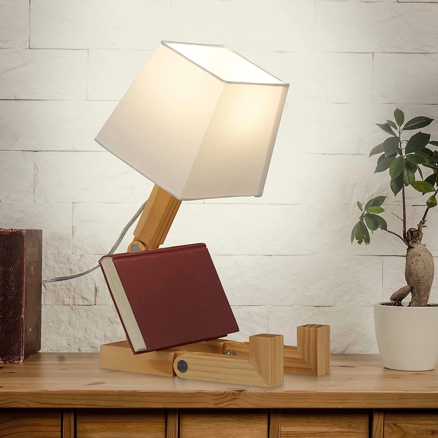 72,95 € Envio grátis | Lâmpada de mesa 42×32 cm. Design em forma de robô Linho e madeira. Cor branco