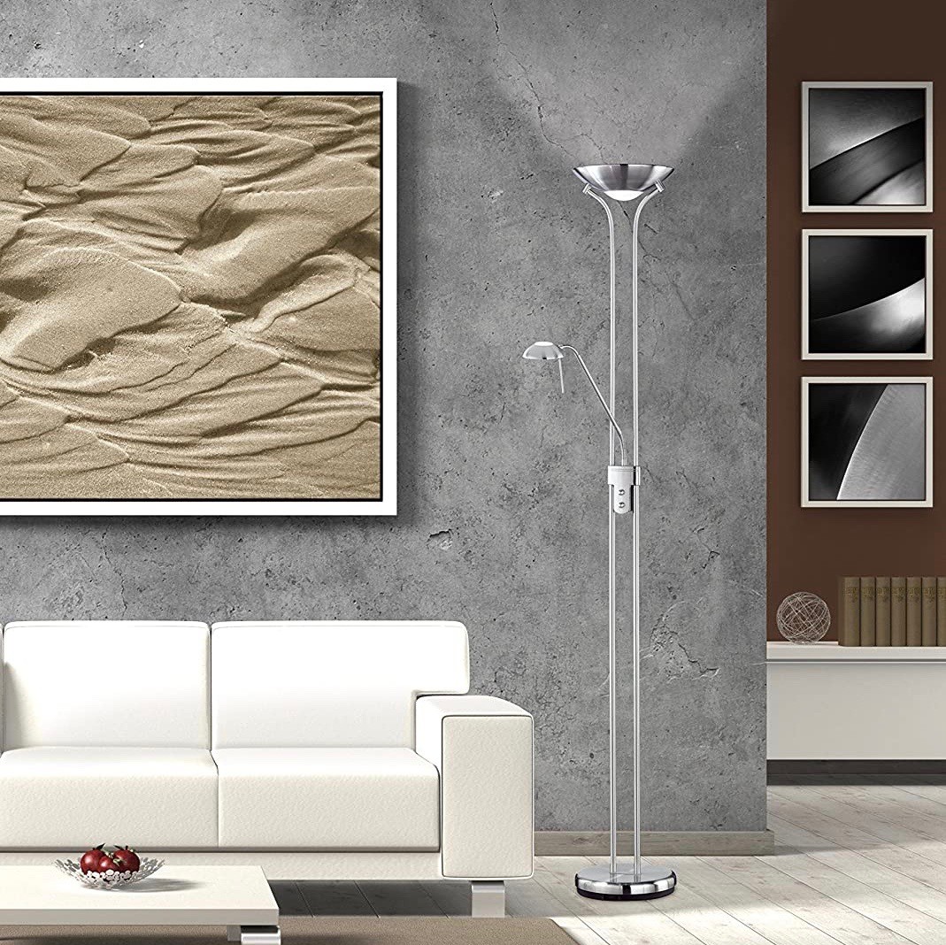 112,95 € Envio grátis | Luminária de piso Trio 20W 3000K Luz quente. 180×25 cm. Lâmpada auxiliar para leitura Cristal. Cor níquel