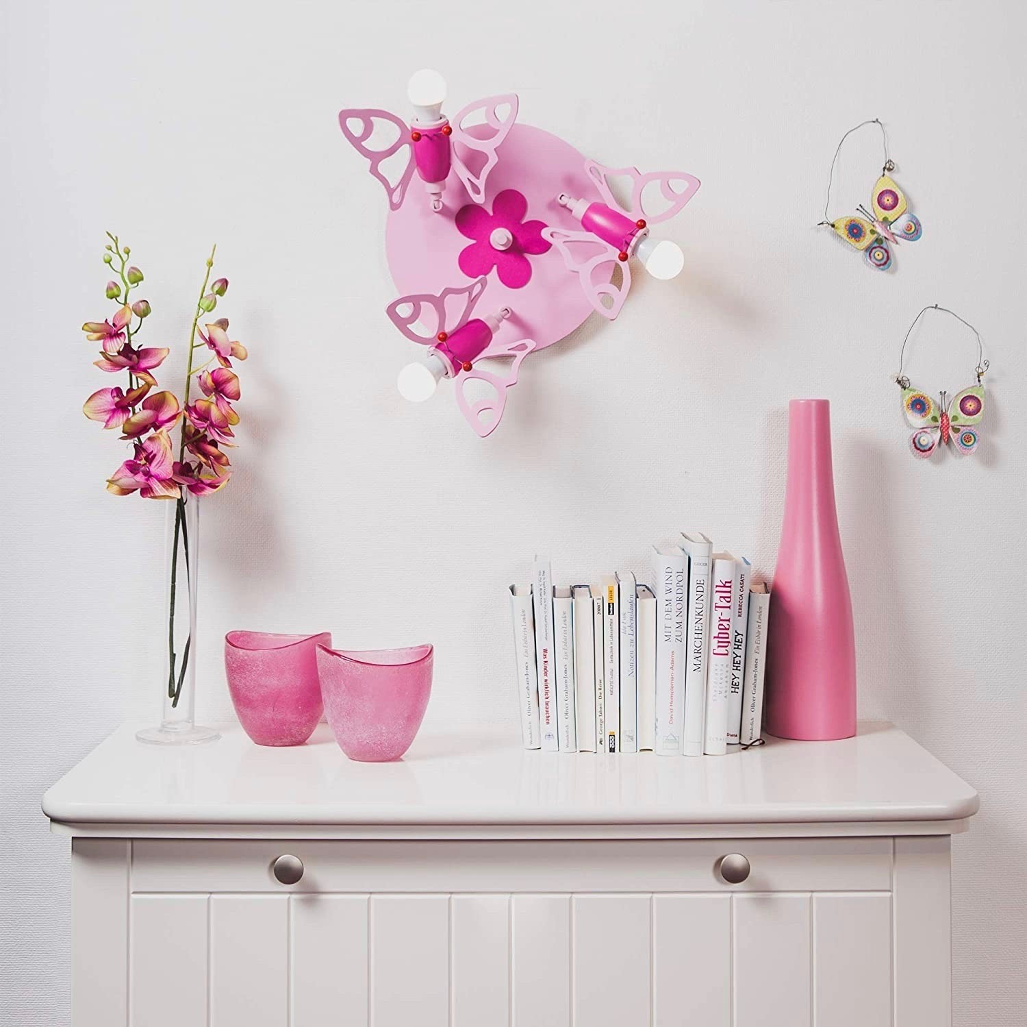 72,95 € Envoi gratuit | Lampe pour enfants 30×30 cm. 3 points lumineux. conception en forme de papillon Métal et bois. Couleur rose