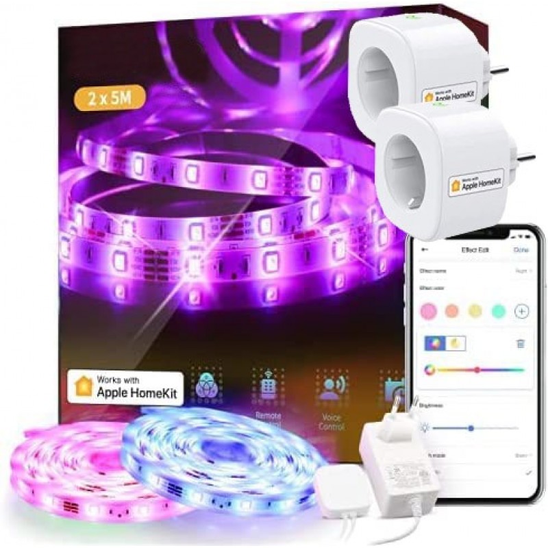 115,95 € Spedizione Gratuita | Striscia LED e tubo flessibile LED 1000 cm. 10 metri. Bobina bobina striscia LED RGB multicolore con presa intelligente. Apple HomeKit