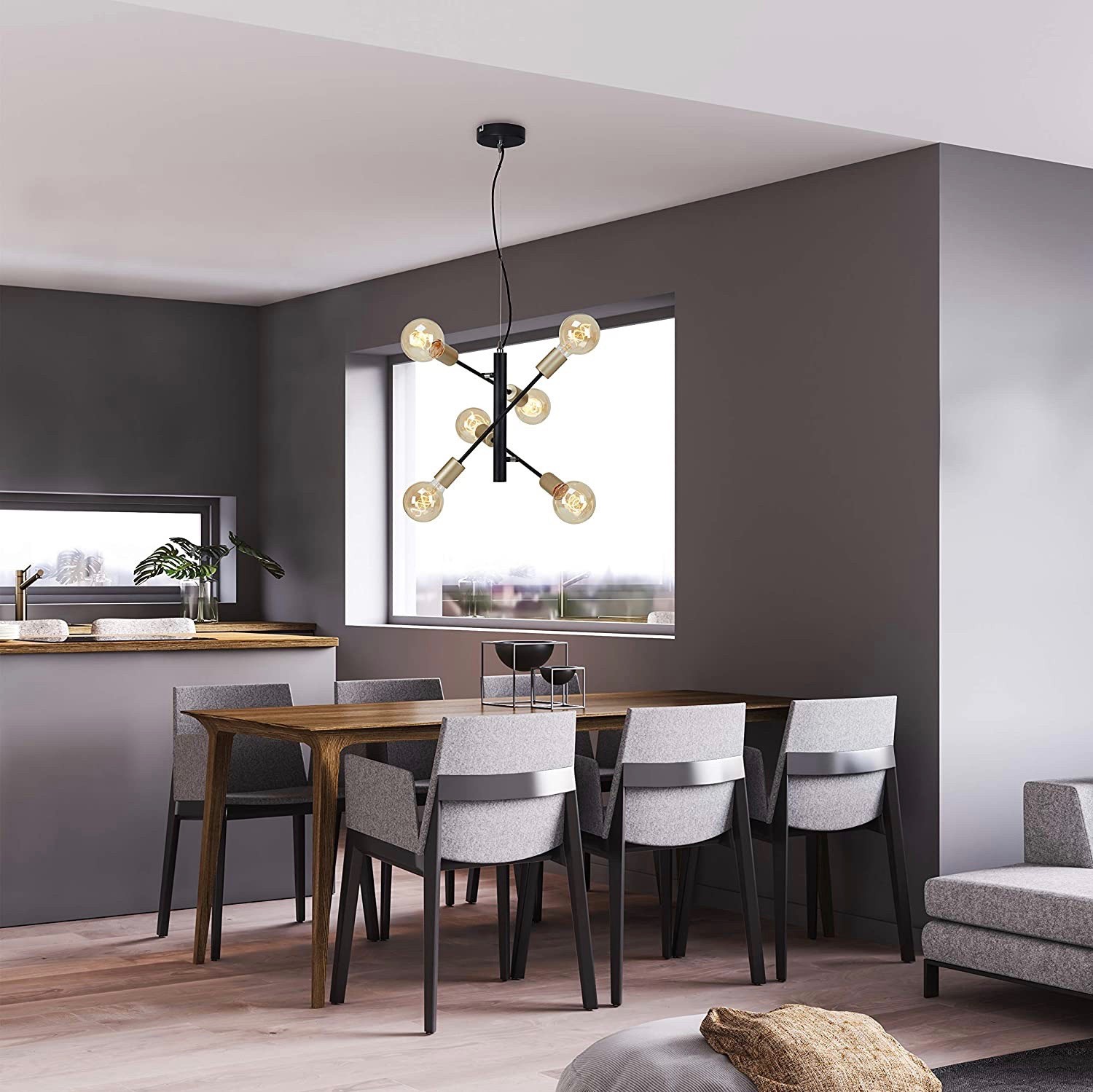 73,95 € Envío gratis | Lámpara de araña 60W 120×42 cm. 6 puntos de luz Metal. Color negro