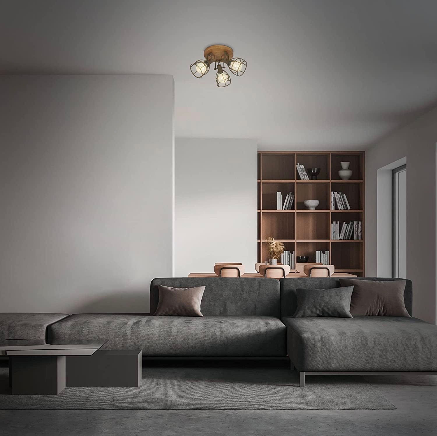 133,95 € Envío gratis | Foco para interior 25W 30×29 cm. 3 puntos de luz orientables. Pantalla de celosía Acero, metal y madera. Color marrón