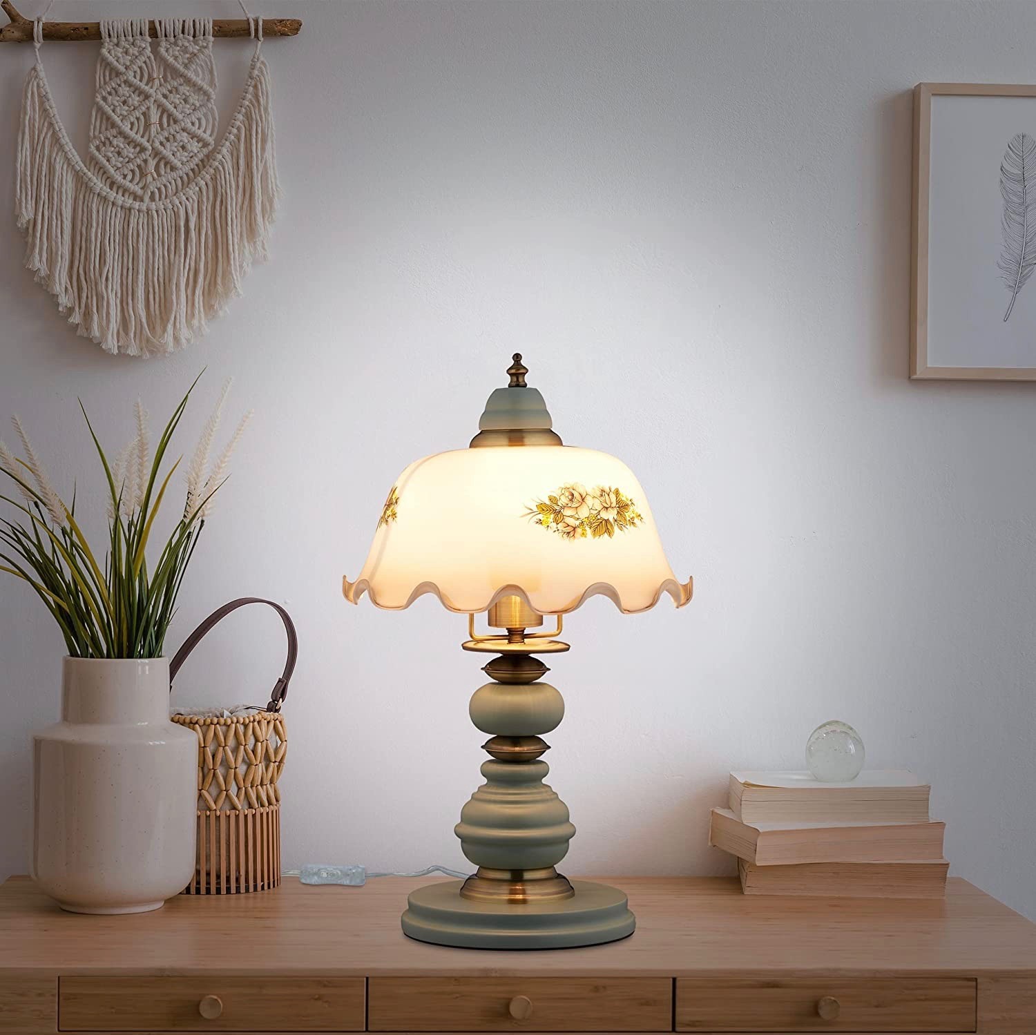 105,95 € Envio grátis | Lâmpada de mesa 40W 44×27 cm. Cristal, têxtil e vidro. Cor branco