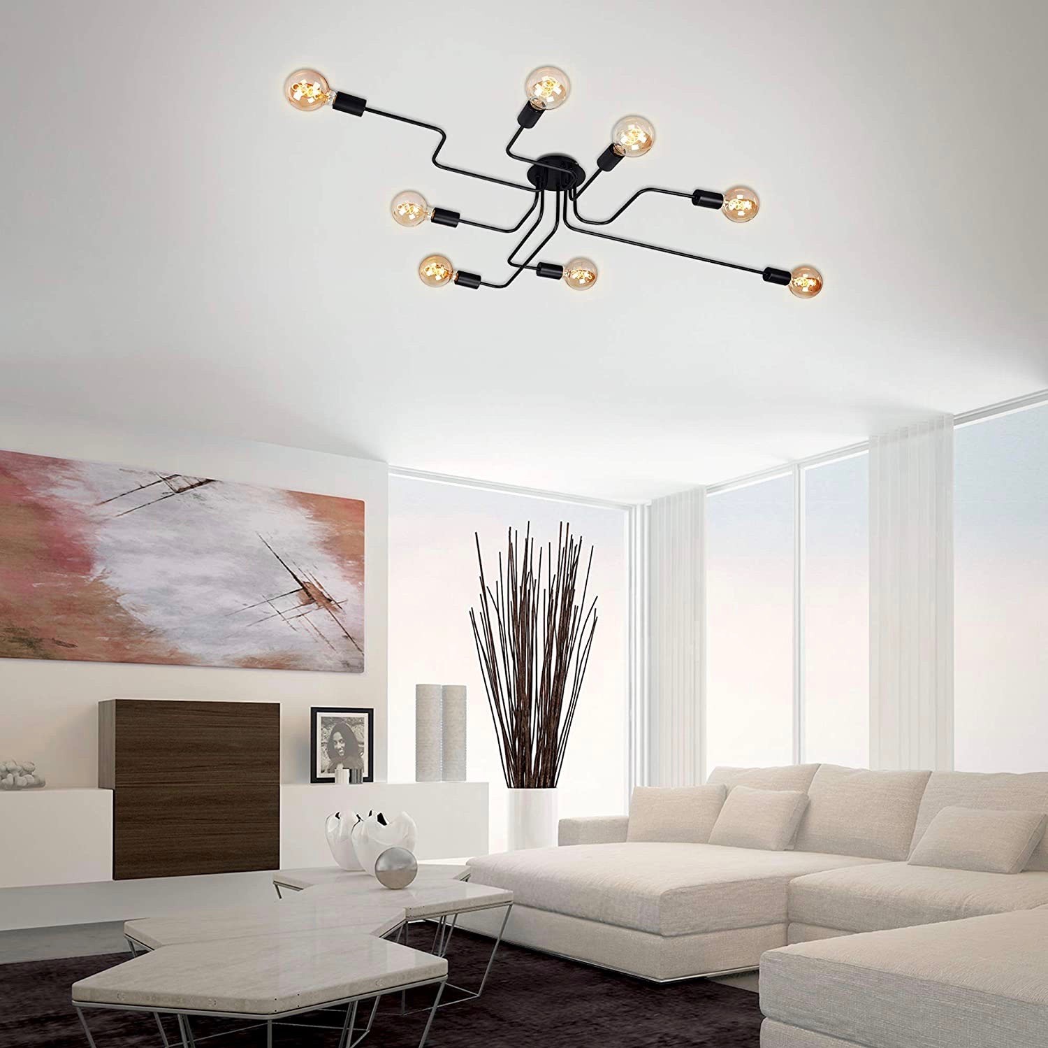 113,95 € Free Shipping | Ceiling lamp 60W 132×71 cm. 6 spotlights Metal casting. Black Color